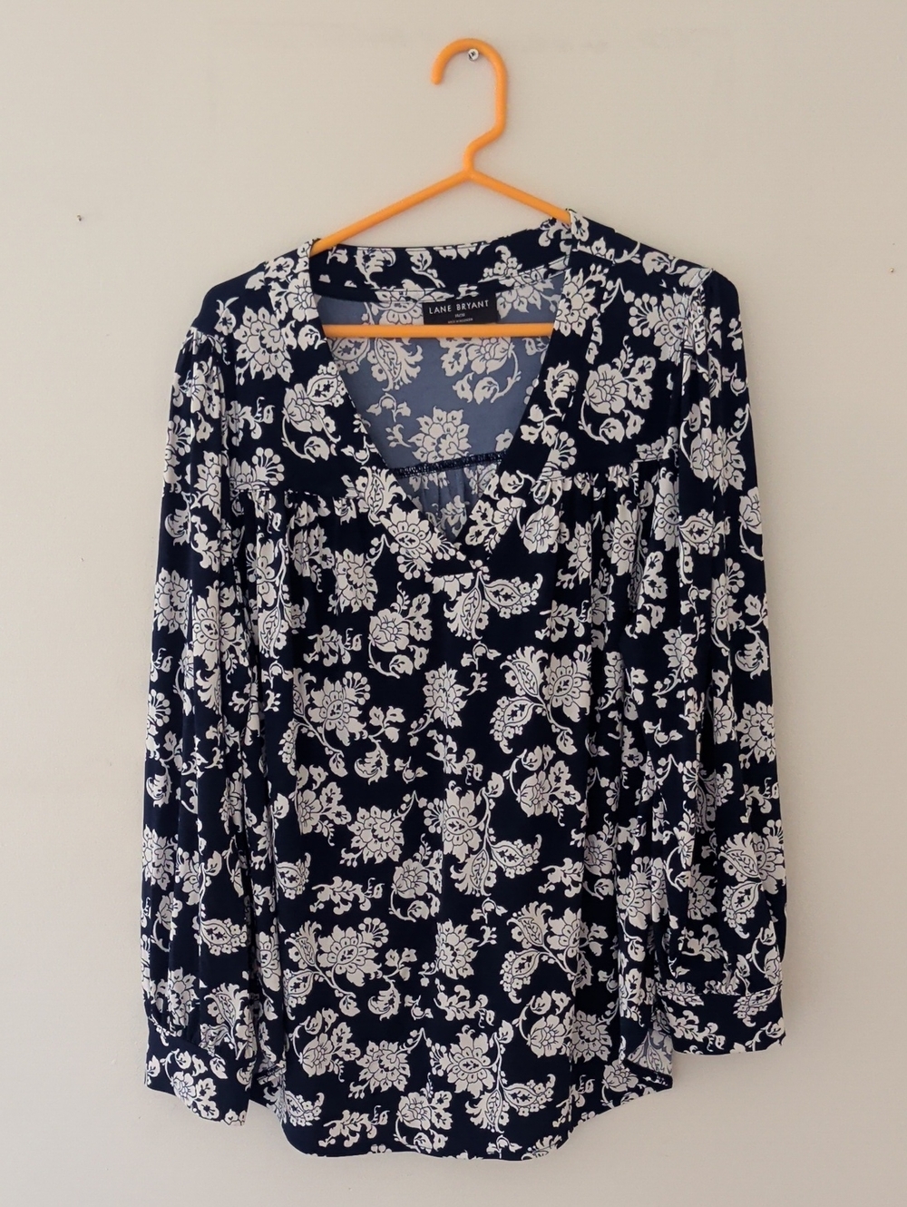 Lane Bryant Navy & White Floral V-Neck Long-Sleeve Blouse